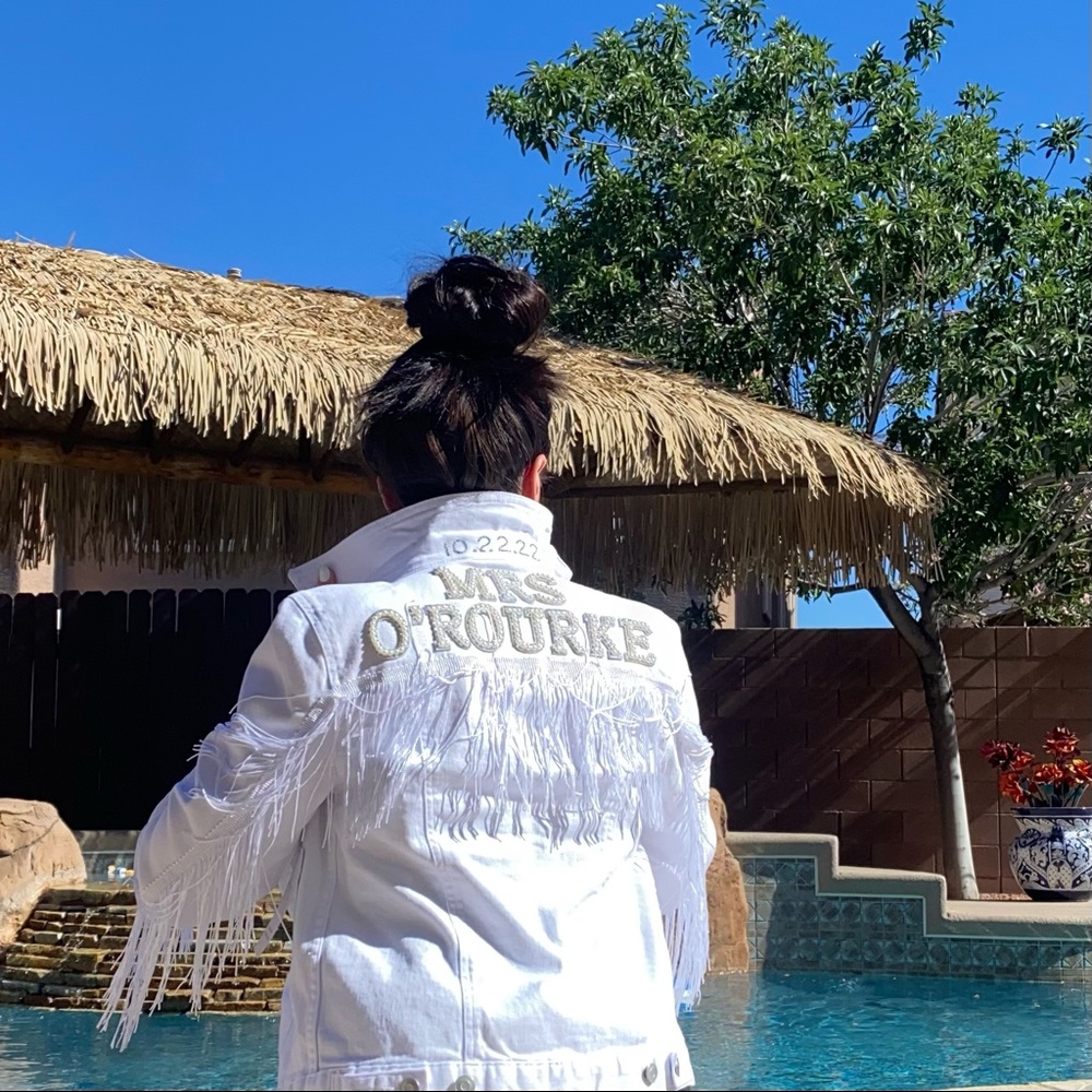 CUSTOMIZE!! Bride White Fringe Denim / Jean Jacket - bachelorette